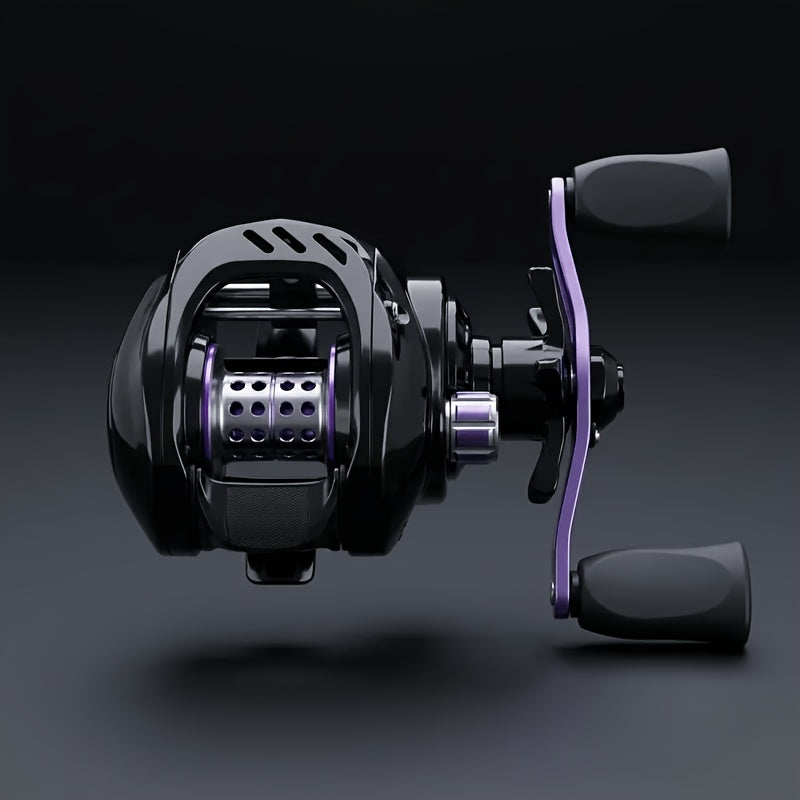 Black and Purple Baitcasting Fishing Reel with Left- or Right-Hand Retrieve and Dual-Paddle Handle