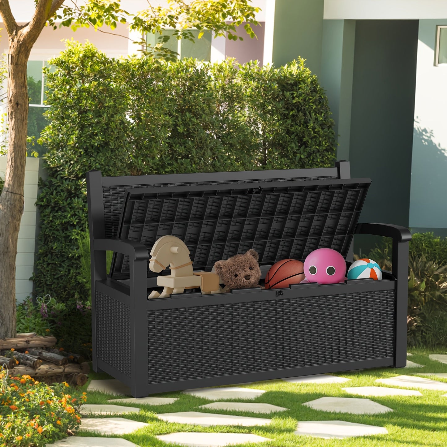 Outdoor Rattan-Style Deck Box and Storage Bench in Four Size, Finish and Capacity Options for Patio Use