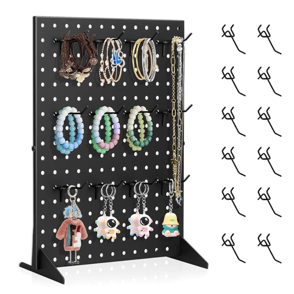 Pegboard Jewelry Display Stand with Iron-Labeled Perforated Panel, Two Feet and 12 Removable Hooks