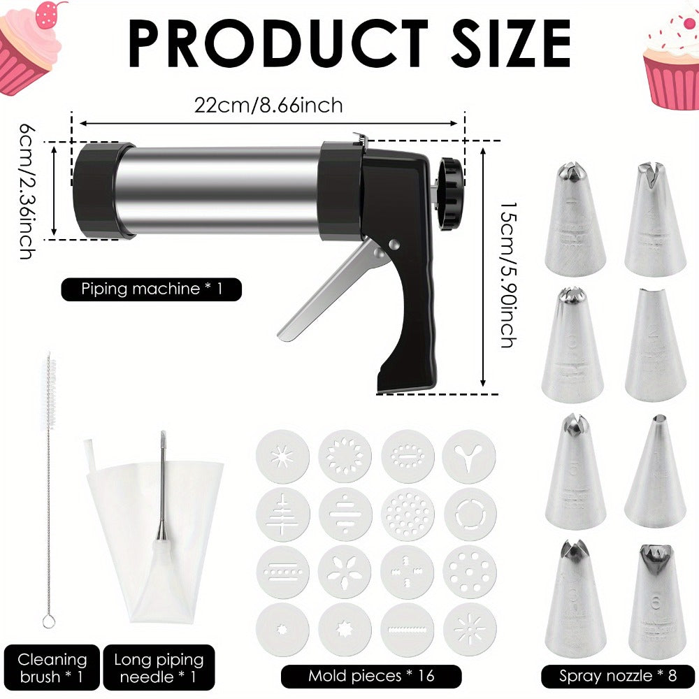 Stainless Steel Cookie Press Kit with 16 Discs, Eight Icing Tips and Cleaning Brush for Holiday Baking