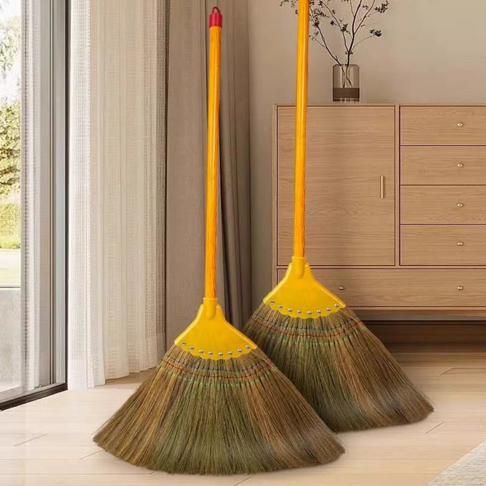 Extra-Long Miscanthus Broom with Soft Full-Length Bristles and Yellow Wrapped Handle for Home Sweeping