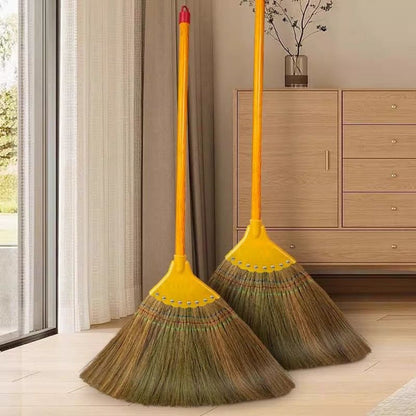 Extra-Long Miscanthus Broom with Soft Full-Length Bristles and Yellow Wrapped Handle for Home Sweeping
