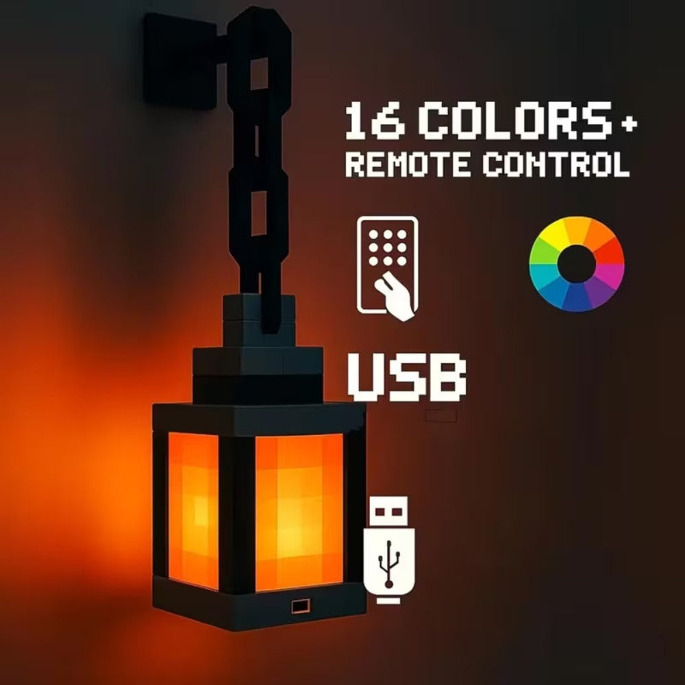 Sixteen-Color Pixel Lantern Night Light with Remote, USB Cable, Chain and Wall-Mount Bracket