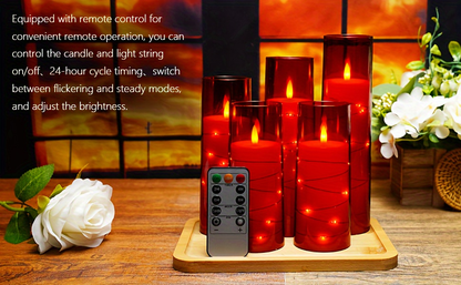 Flameless LED Candles with Remote Control Timer and Star String Lights Set of 5 or 7 Pillar Candles for Wedding Garden Home Decor Anniversary Gift Grey Ivory Gold Red