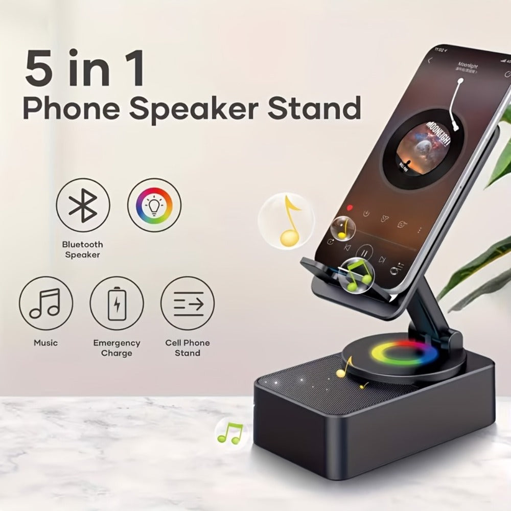 Induction Wireless Speaker Phone Holder Stand 3-in-1 – Foldable Tabletop Mount with Stereo Bass Amplifier, High-Capacity Emergency Battery, Compatible with iPhone & Android Tablets and Smartphones