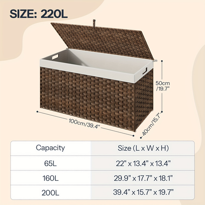 Large Storage Basket with Lid & Handles - 220L Handwoven Wicker Blanket Basket, Metal Frame, Soft Lining, Foldable for Bedroom, Laundry Room & Living Room