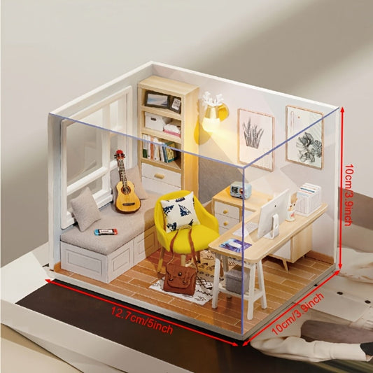 DIY Miniature House Kit Sunshine Study – Handmade Wooden Building Model Mini Collection Scene Home Decoration Shelf Display, Creative Craft Gift for Adults Teens Birthday Christmas Valentine's Day