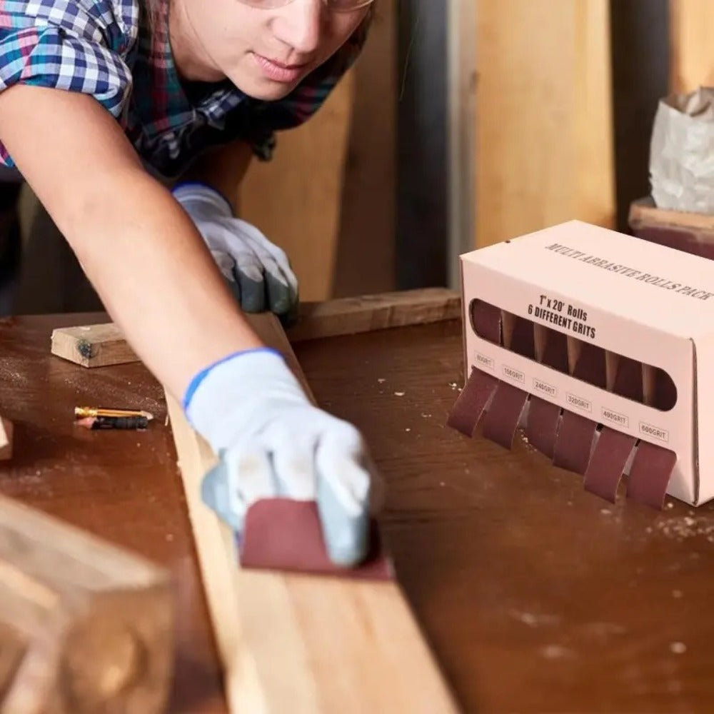 Pull-Through Sandpaper Roll Dispenser Set with Four, Five or Six Abrasive Grit Rolls Pictured