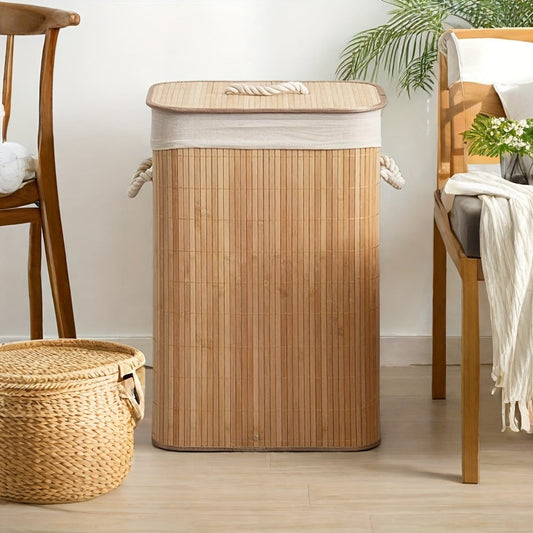 Collapsible Laundry Basket Bamboo Foldable Rattan Clothes Hamper - Space Saving Rectangular Storage Bin for Bedroom, Dorm Room & Bathroom, No Tools Assembly, Upgrade & Standard Models Available