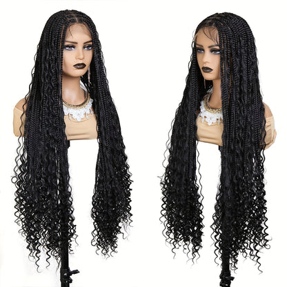 Extra-Long Black Box-Braid Wig with Curly Ends, Lace Cap and 48-Inch Checkout Length for Styling