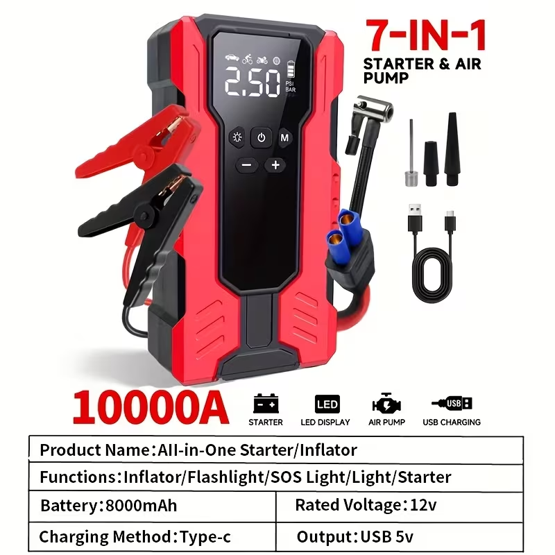10000A Car Jump Starter with 12V Clamps, LED Light and Optional Integrated Air Pump in Red, Green or Gray