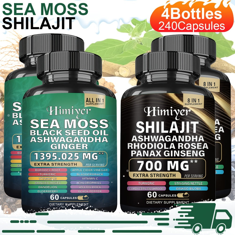 Sea Moss & Shilajit Capsules 12-in-1 Supplement - Bladderwrack Burdock Ashwagandha Black Seed Vitamin C D3 Rhodiola Ginseng Complete Wellness Formula for Energy Immunity Vitality