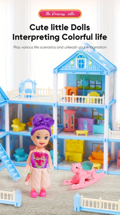 Princess Doll House Castle with Furniture & Accessories – Pink or Blue Mini Villa Playset 14 to 27 Rooms, Imaginative Play Logical Thinking Toy for Girls Ages 3+ Birthday Christmas Gift