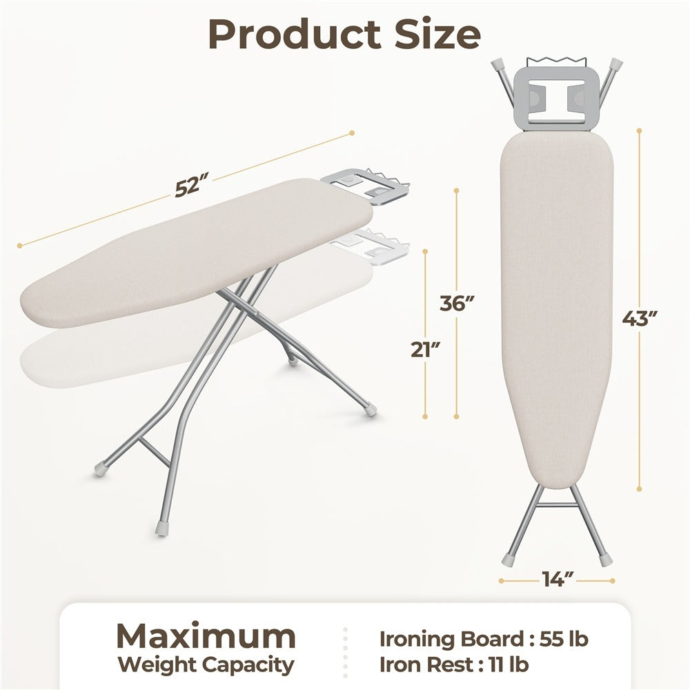 Ironing Board Full Size Adjustable Height Foldable Iron Board with 4-Leg Stand 4-Layer Thick Pad Iron Rest Safety Lock for Home Dorm Laundry Room
