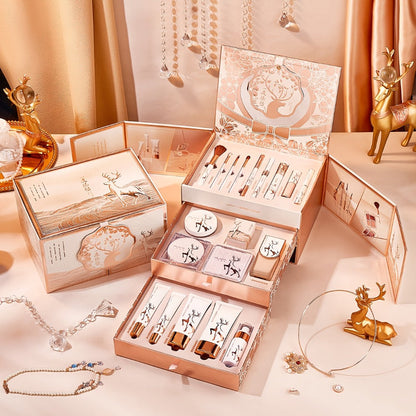 Rose-Gold Makeup Gift Box with Four-Pan Face Palette, Eyeshadow Palette, Lip and Eye Products and Makeup Brushes