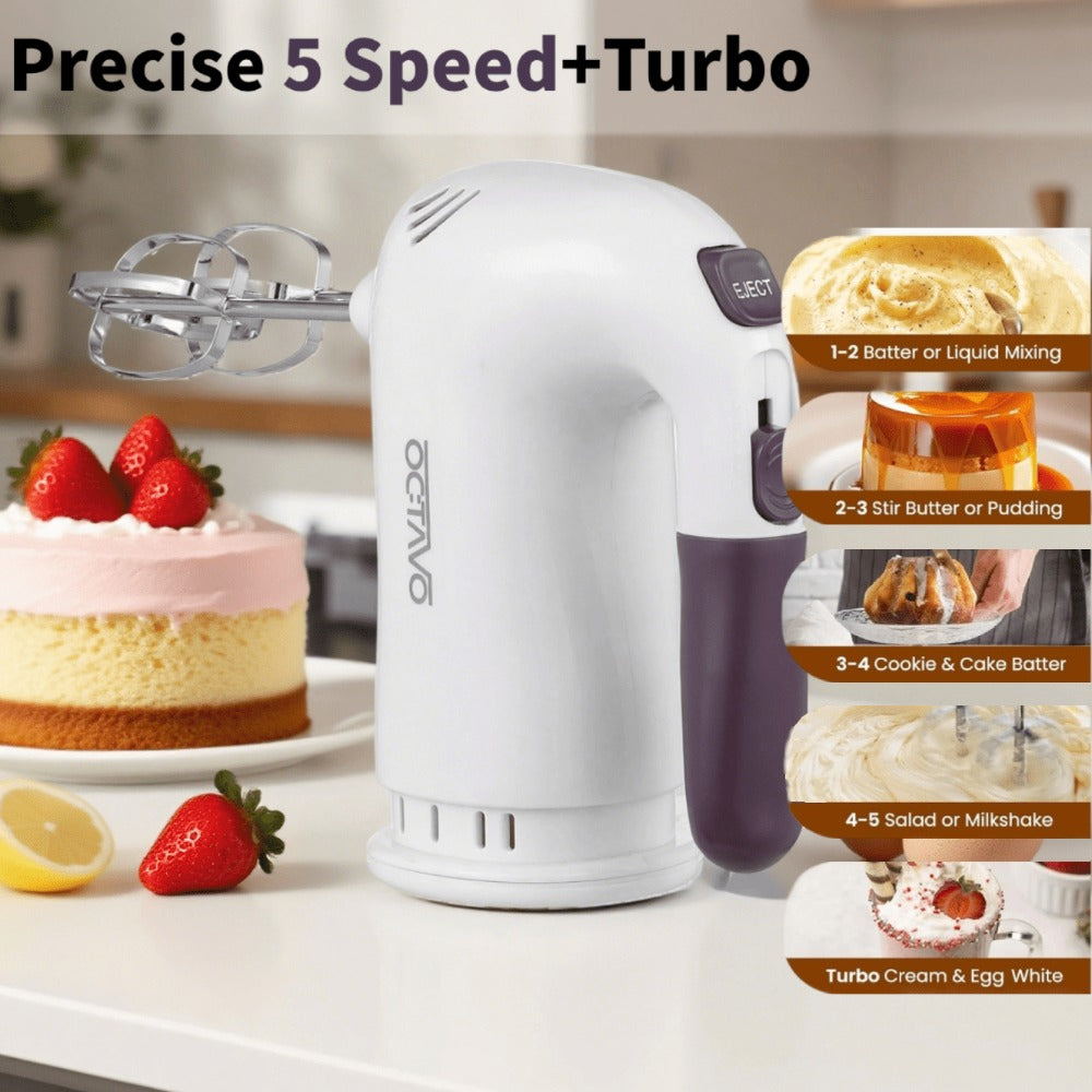 Hand Mixer Electric 400W with Storage Stand & 5-Speed Turbo Boost – 5 Stainless Steel Attachments for Baking Cream Cake Dough Cookie