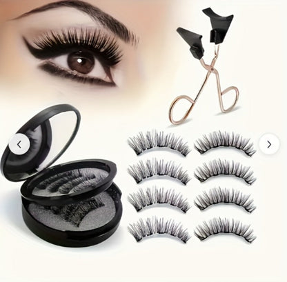 Magnetic False Eyelashes Kit with Eight Pairs, Round Storage Case and Metal Applicator Clip