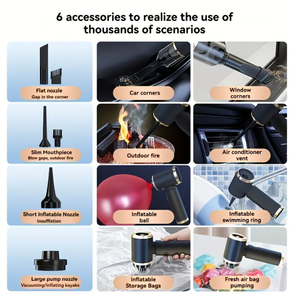 Handheld Vacuum Cleaner and Air Duster with Blow-Suction Modes, Six Attachments and Two Power Options