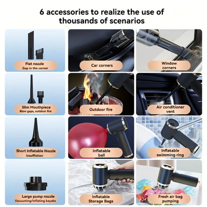 Handheld Vacuum Cleaner and Air Duster with Blow-Suction Modes, Six Attachments and Two Power Options