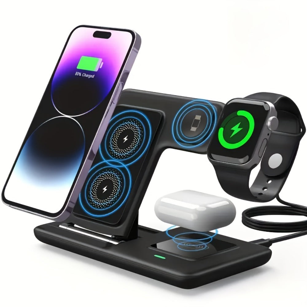 3-in-1 Wireless Charging Station with QC3.0 Adapter Included 15W Fast Charge – Upright Stand for iPhone 17/16/15/14/13/12/11, Apple Watch Ultra/Series 9/8/SE & AirPods | Black & White