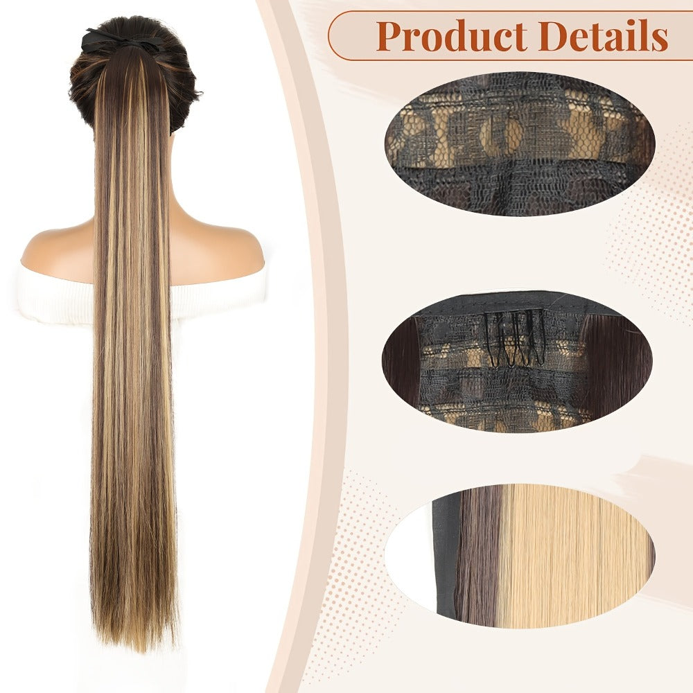 34 Inch Straight Ponytail Extension Ribbon Wrap – Long Sleek High Temperature Fiber Hairpiece for Women | Instant Wrap On Ponytail | Daily Wear Party Wedding | Brown Linen Champagne Olive Mixed