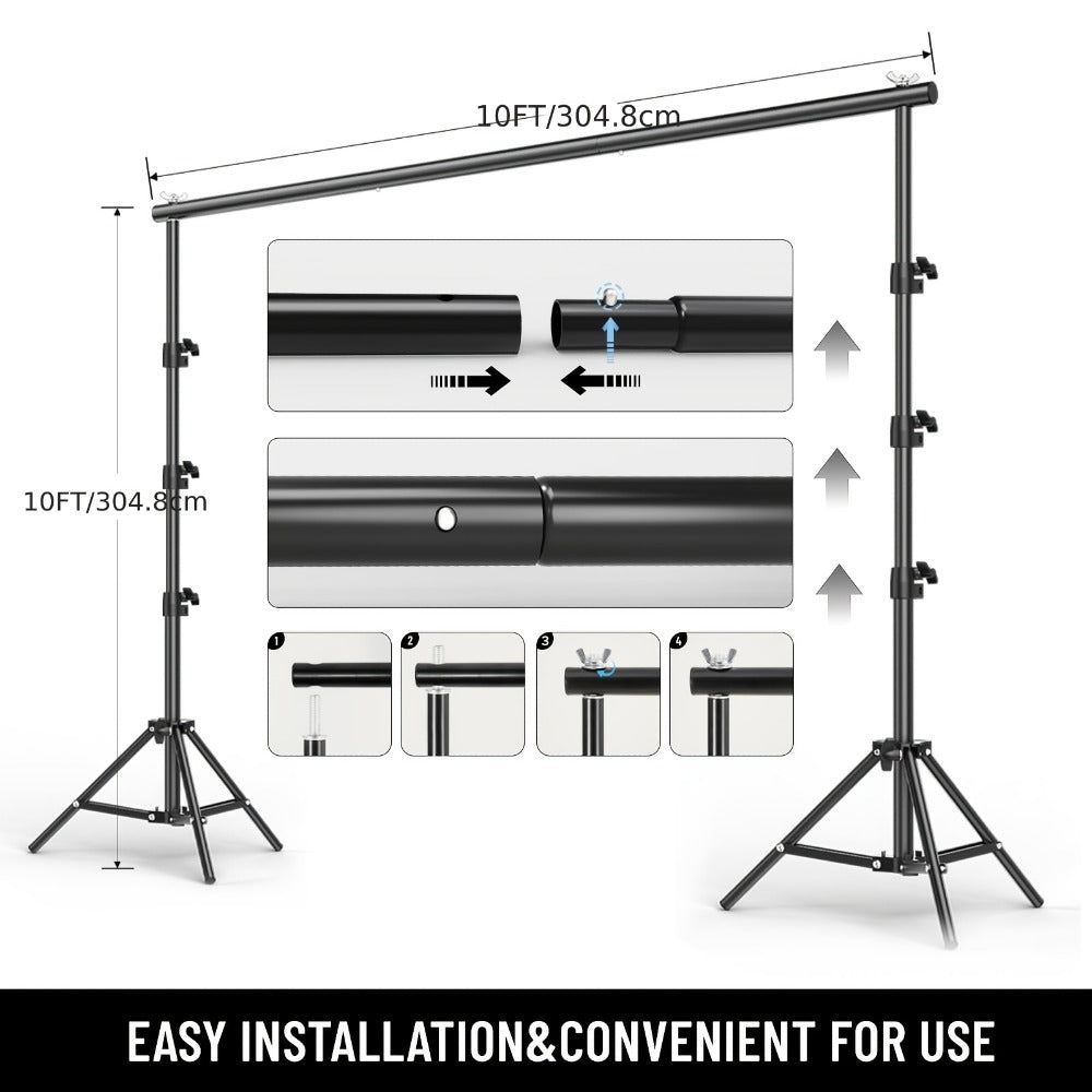 Backdrop Stand Kit 10x10ft Heavy Duty – 2 Adjustable Stands, 4 Crossbars, 4 Clamps & Carry Bag for Photo Studio, Video Shooting, Streaming & Party Decor
