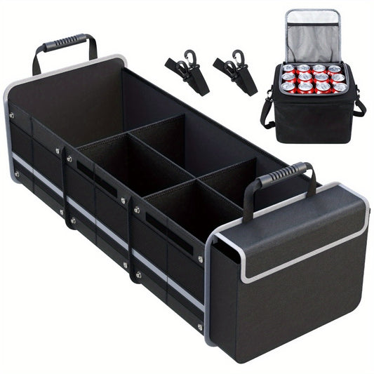 Car Trunk Organizer 5-in-1 Collapsible – 3 Compartments with Insulated Cooler Bag | Removable Dividers, Foldable Lid & 2 Tie-Down Straps | SUV Cargo Storage