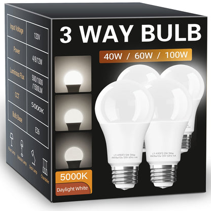 Three-Way A19 LED Bulbs with E26 Base, 1500 Lumens and 2700 K or 5000 K Light, Four-Pack for Floor and Table Lamps