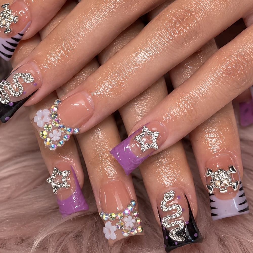 Leopard Skull Press On Nails Short Duckbill 10pcs – Handmade Rhinestone Zebra Bowknot Snake Acrylic Nail Kit with Tools | Edgy Party Daily Wear Nail Art for Women S M L 2026 Trends