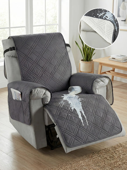 Quilted One-Piece Recliner Chair Cover with Side Pocket, Back Strap and Six Solid Color Options
