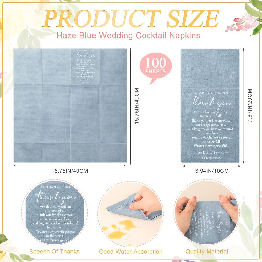 100-Piece Haze Blue Wedding Cocktail Napkin Set with Utensil Pockets for Receptions and Showers