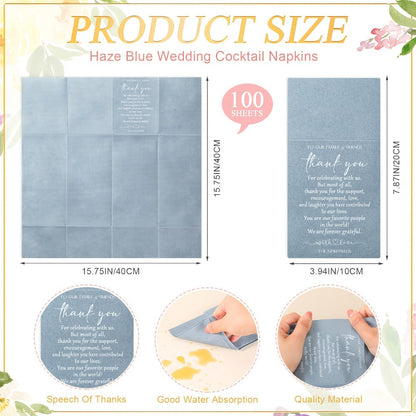 100-Piece Haze Blue Wedding Cocktail Napkin Set with Utensil Pockets for Receptions and Showers