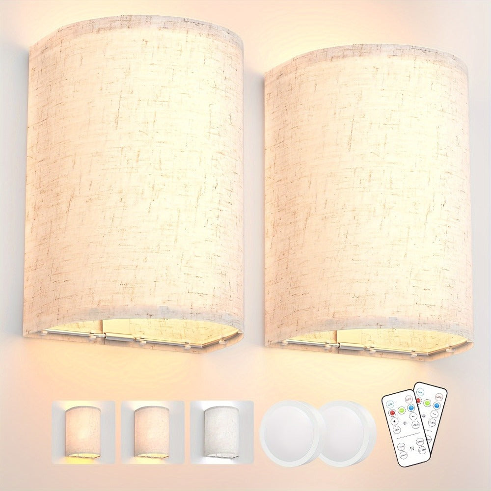 Rechargeable Two-Light Fabric Shade Wall Sconce Set with Magnetic Puck Lights and CCT or RGB Option