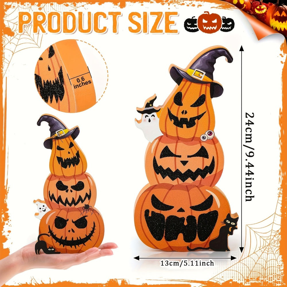 Two-Piece Halloween Pumpkin Stack Tabletop Decoration Set with Witch Hats, Ghost Accents and Glitter-Look Finish