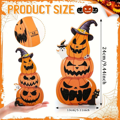 Two-Piece Halloween Pumpkin Stack Tabletop Decoration Set with Witch Hats, Ghost Accents and Glitter-Look Finish