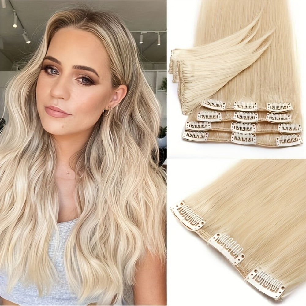 Hair Extensions Straight Remy Human Hair Clip-In Set with Eight Wefts, Highlighted Blonde Colors and 8–24-Inch Lengths
