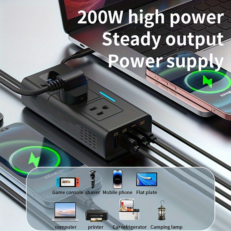 Black 200W Elongated Car Power Inverter Hub with Multiple 110V AC Outlets, USB Ports and Display