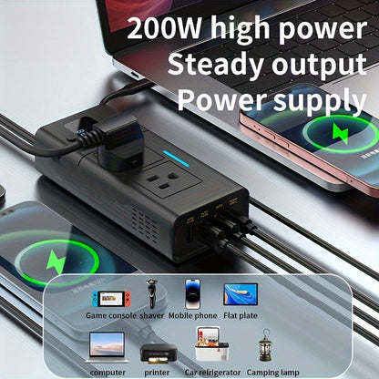 Black 200W Elongated Car Power Inverter Hub with Multiple 110V AC Outlets, USB Ports and Display