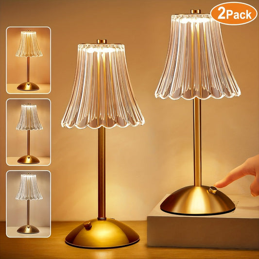 Table Lamp with Vintage Gold Pleated Acrylic Shade, USB Rechargeable Power, Three Colors and One or Two-Pack Options