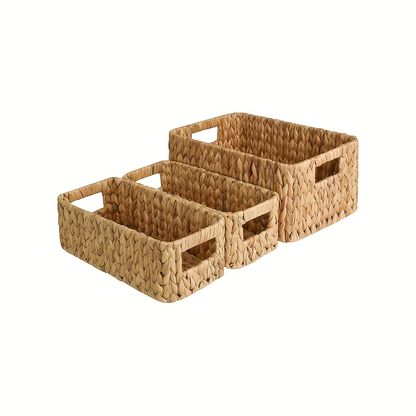Seagrass & Water Hyacinth Storage Basket with Built-in Handles - Hand-Woven Square Wicker Bins for Bedroom Bathroom Pantry Shelves, Multiple Styles