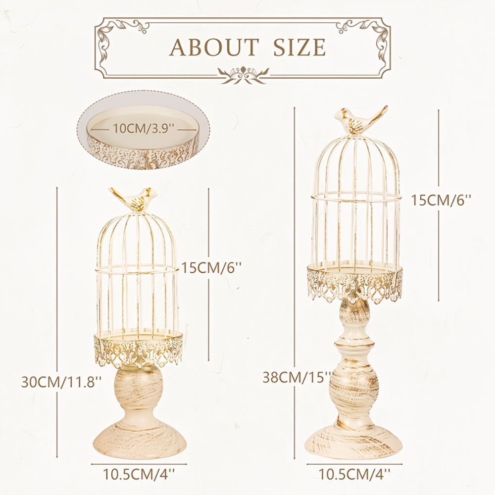 Birdcage Candle Holder Set of Two with Metal Pedestal Bases, Bird Finials, 30cm and 38cm Heights in Black or White
