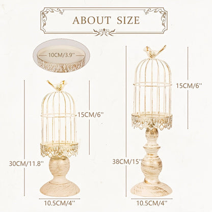 Birdcage Candle Holder Set of Two with Metal Pedestal Bases, Bird Finials, 30cm and 38cm Heights in Black or White