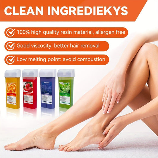 Hair Removal Roller Wax Strips 100g Handheld Depilatory Wax Kit | Smooth Skin for Legs Arms Underarms Bikini Line | Aloe Honey Strawberry Lavender Scents | Unisex At-Home Waxing Kit for Women Men