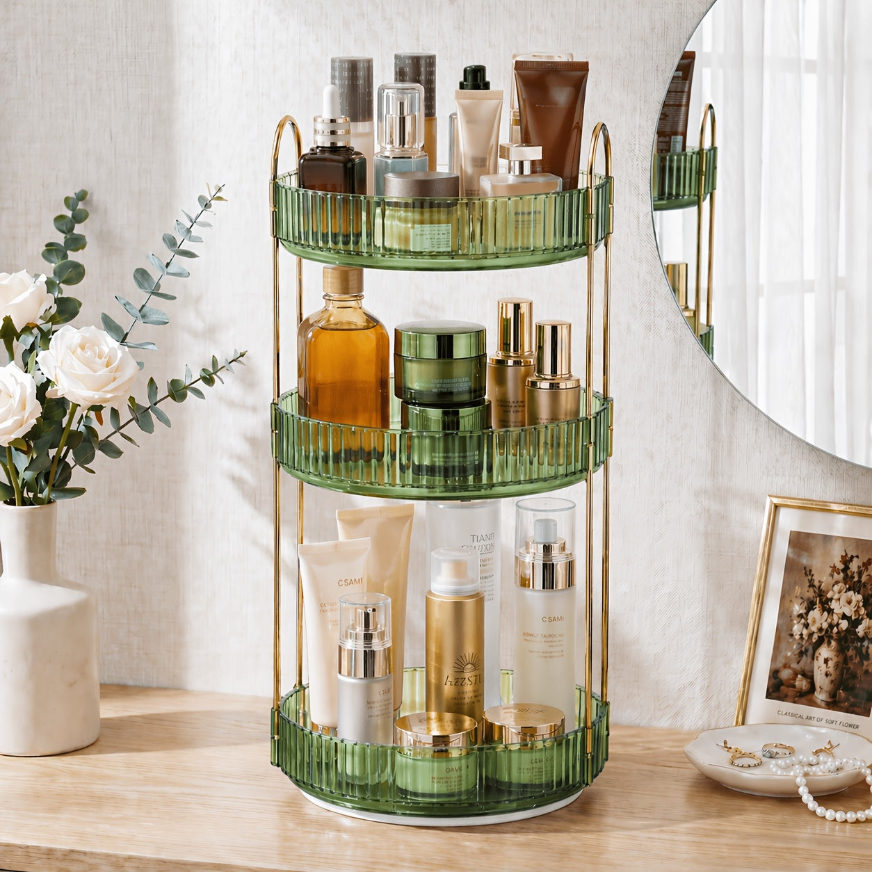 360° Swivel Makeup Organizer 3-Tier Rotating Countertop Storage Rack – Large Capacity Bathroom Dresser Vanity Organizer for Perfume, Skincare & Cosmetics, Green Amber Clear