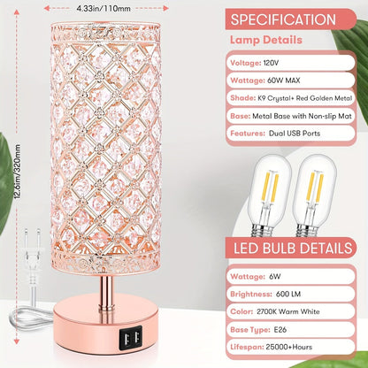 Crystal Bedside Table Lamp with Touch Control & 2 USB Charging Ports, 3-Way Dimmable Nightstand Lamp with Decorative Crystal Base, LED Bulb Included, for Bedroom Living Room Office