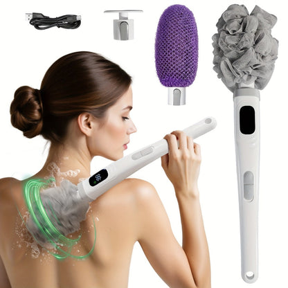 Electric Body Scrubber Brush 3 Replaceable Heads Dual Speed Shower Back Cleaner Exfoliating Skin Cleansing Massage African Bath Sponge Long Handle for Women Men Home Spa Daily Use