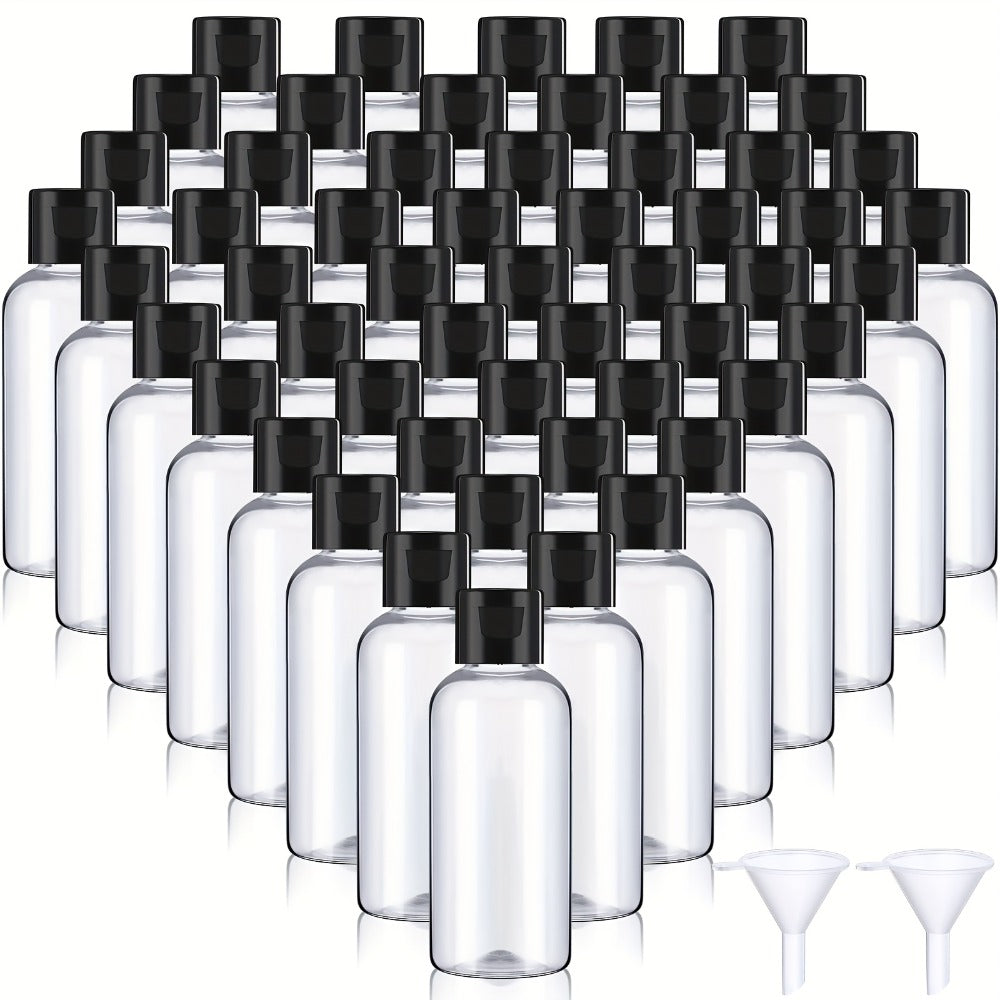 One Hundred Clear 2-Ounce Squeeze Bottles with Black Flip Caps and Two Pictured Filling Funnels