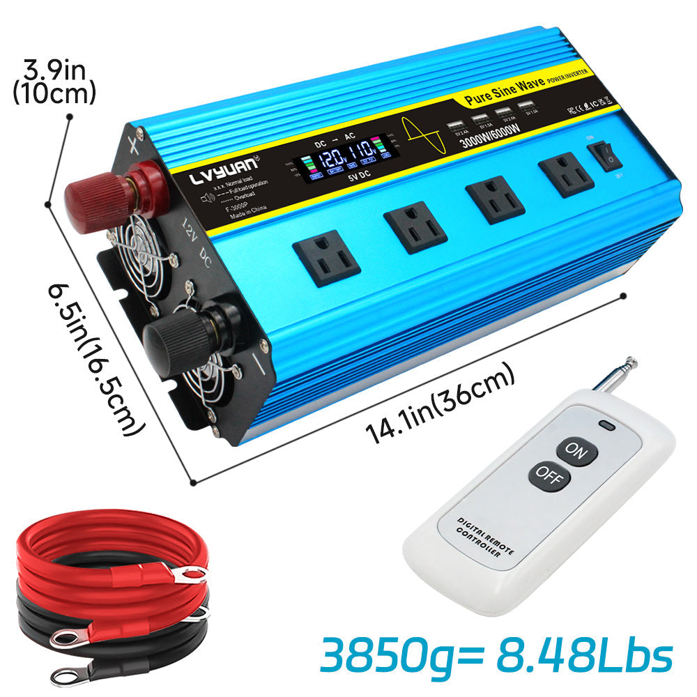 Blue 12V or 24V DC to 110V AC Power Inverter with LCD, Four AC Receptacles and Remote Presentation