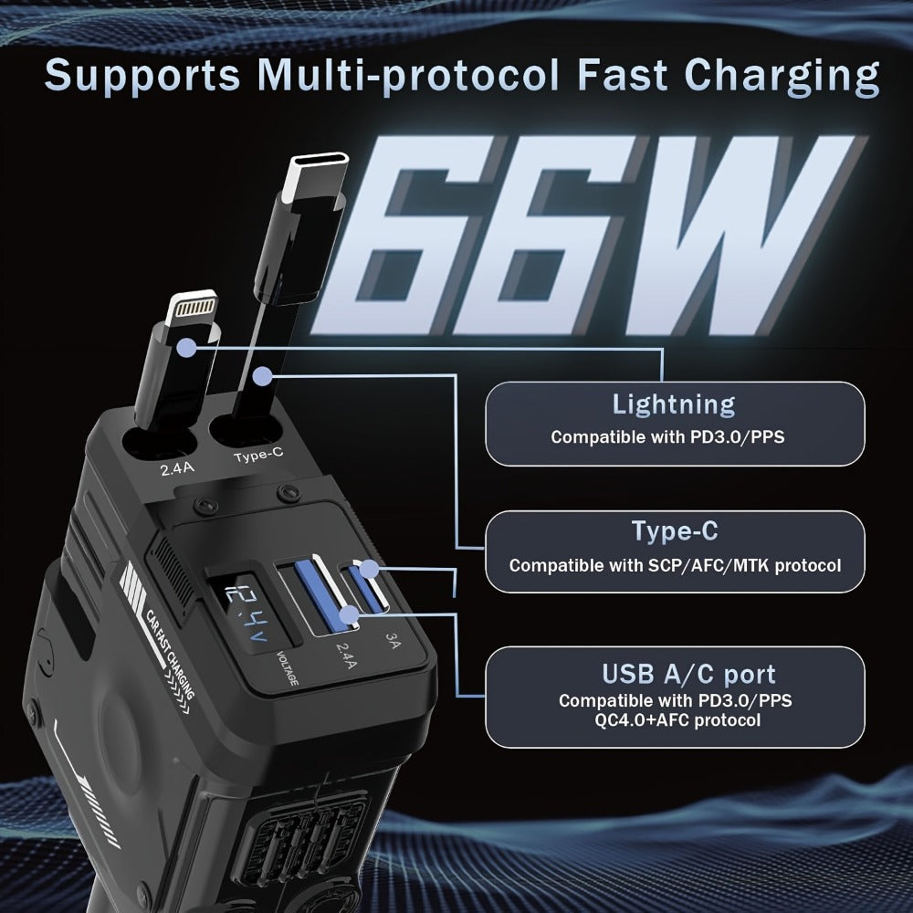 Dual Retractable Cable Car Charger 4-in-1 with Lightning & Type-C 31in, 2 USB-A Ports & Voltage Supervision – Tangle-Free Fast Car Phone Charger for iPhone Samsung Android, Multi Port Car Charging Adapter 4 Colors