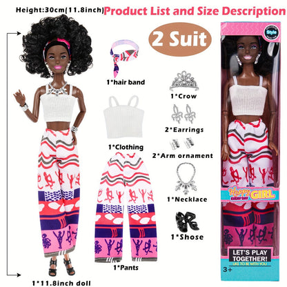 Six-Piece 11.5-Inch Fashion Doll Set with Curly-Hair Styles, Bohemian Outfits, Headbands and Jewelry